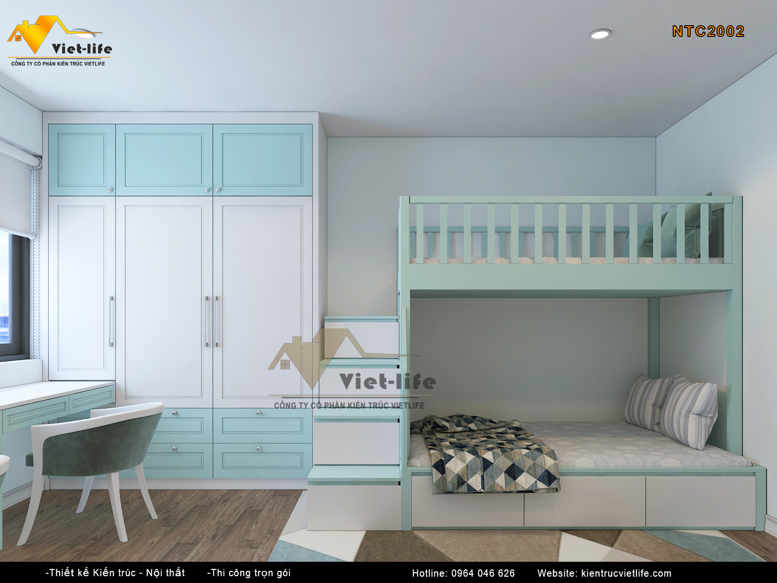Hình ảnh:Phòng ngủ cho 2  bé với gam màu xanh